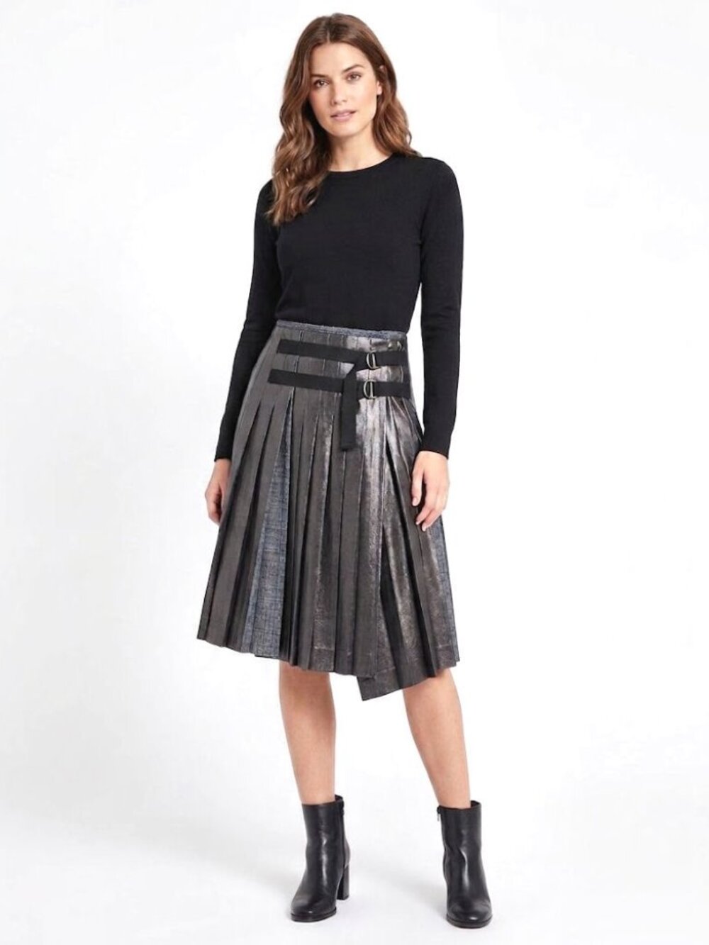 Tomas Maier Pleated Buckled Wrap Skirt, Black Coated Denim, Womens Size 2